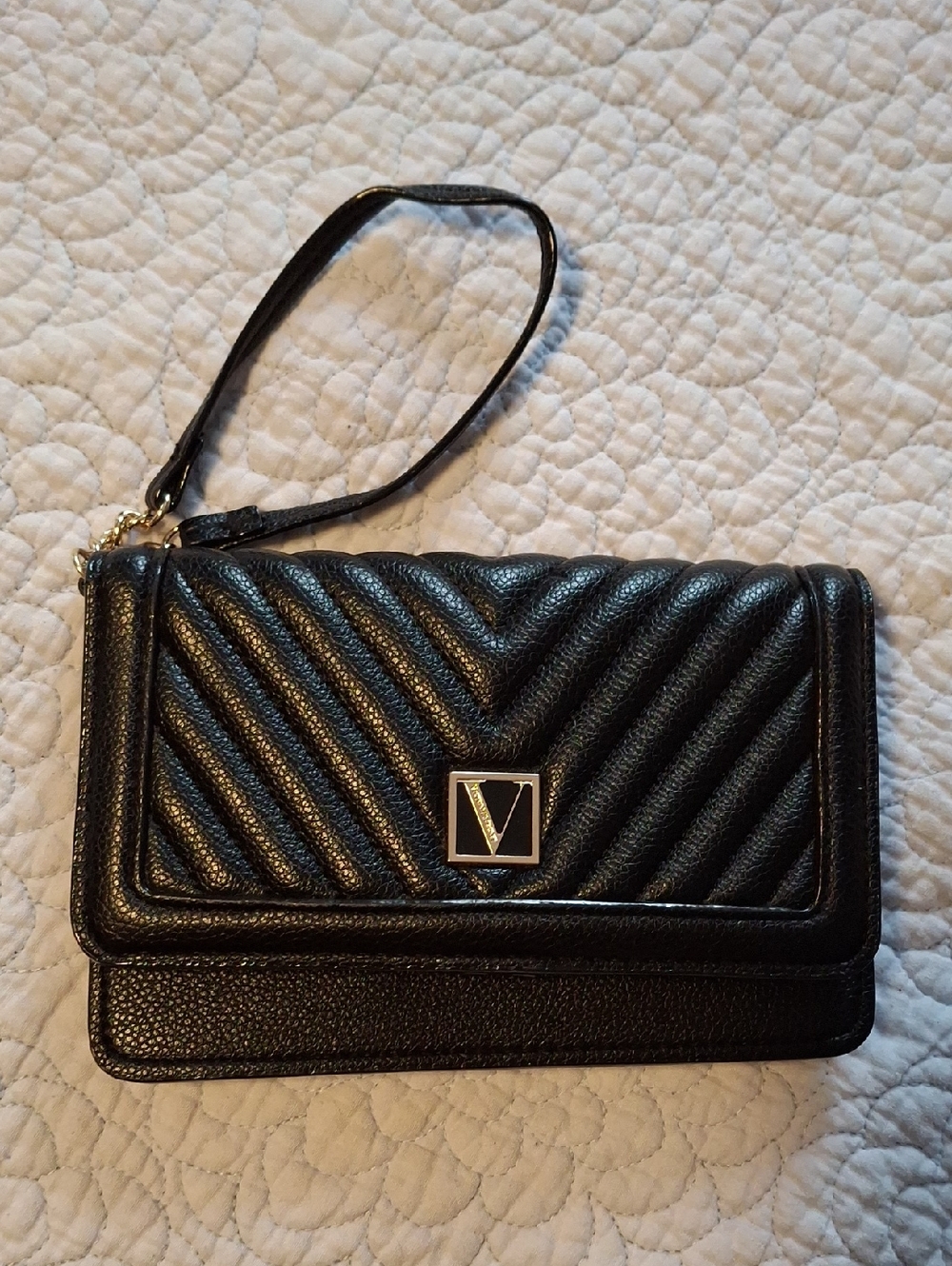 Black Quilted Wristlet Bag with Gold V Emblem